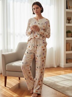 Neutral Halloween-Print Pajama Set - Cozy Long-Sleeve romper pants and top